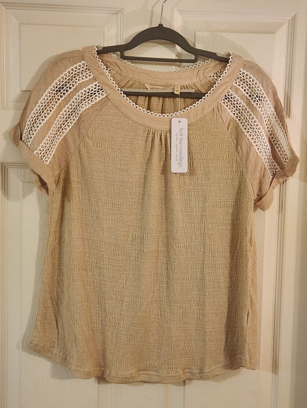 Soft Surroundings Beige Short-Sleeve White Crochet Trim Sandra Top